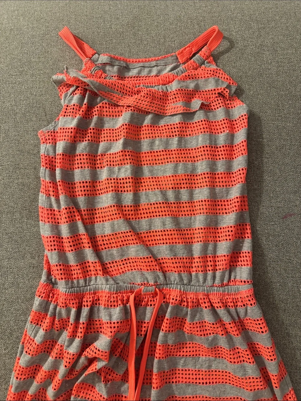 5/$15- Striped Crochet Overlay Sundress in Gray and Neon Coral